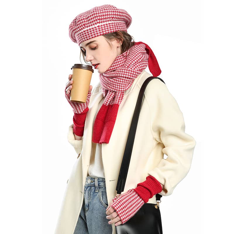 Women's plaid painter hat warm hat scarf gloves three-piece set
