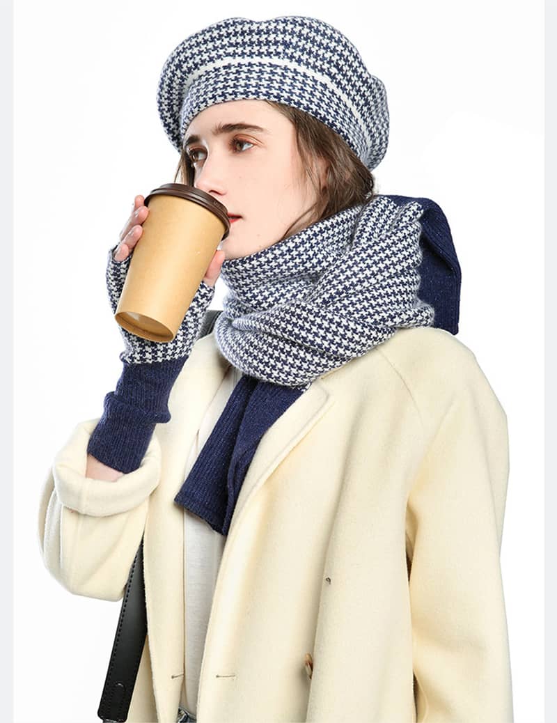 Women's plaid painter hat warm hat scarf gloves three-piece set