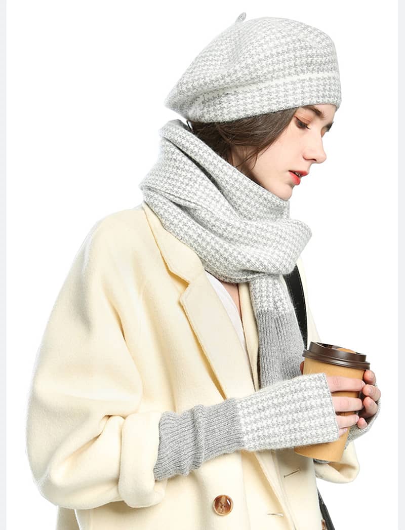 Women's plaid painter hat warm hat scarf gloves three-piece set