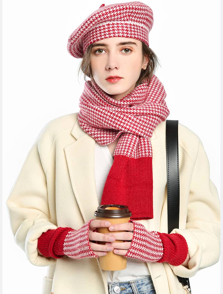 Women's plaid painter hat warm hat scarf gloves three-piece set