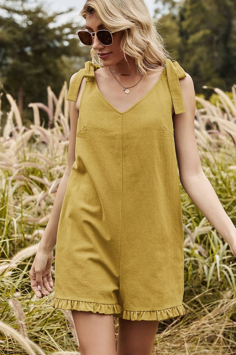 Bowknot Knot Shoulder Frill Hem Romper Yellow / XL | IFAUN