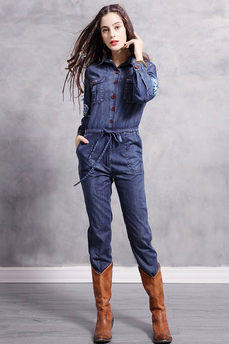 Embroidered denim high waist jumpsuit for women  | IFAUN