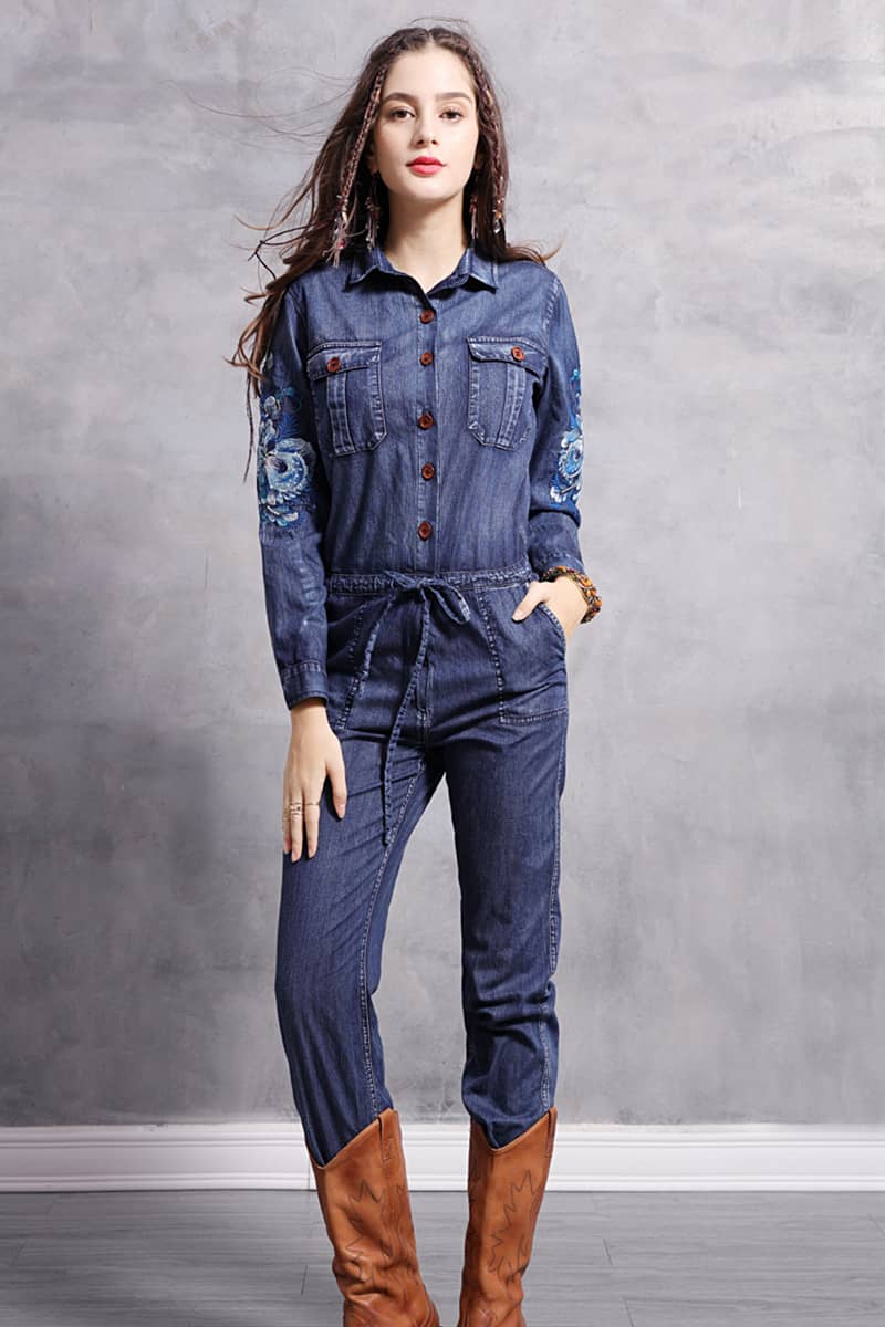 Embroidered denim high waist jumpsuit for women  | IFAUN
