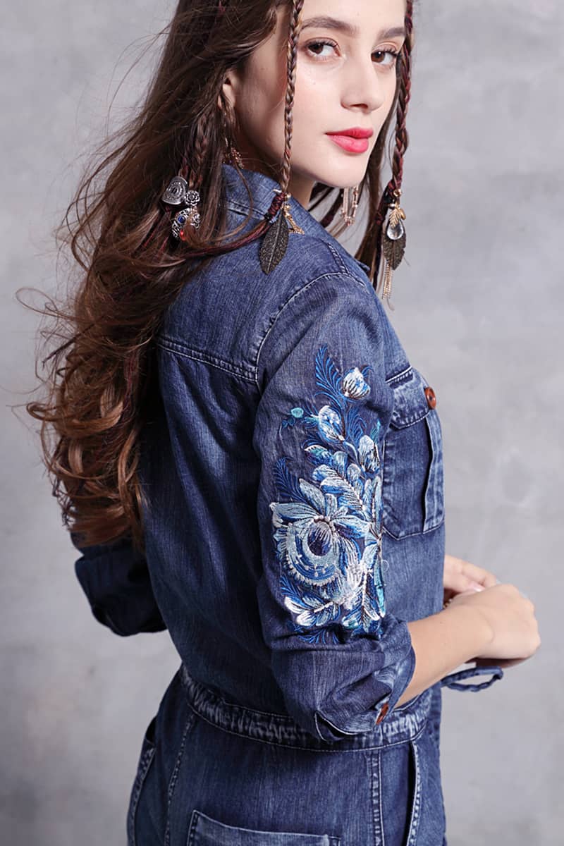 Embroidered denim high waist jumpsuit for women  | IFAUN