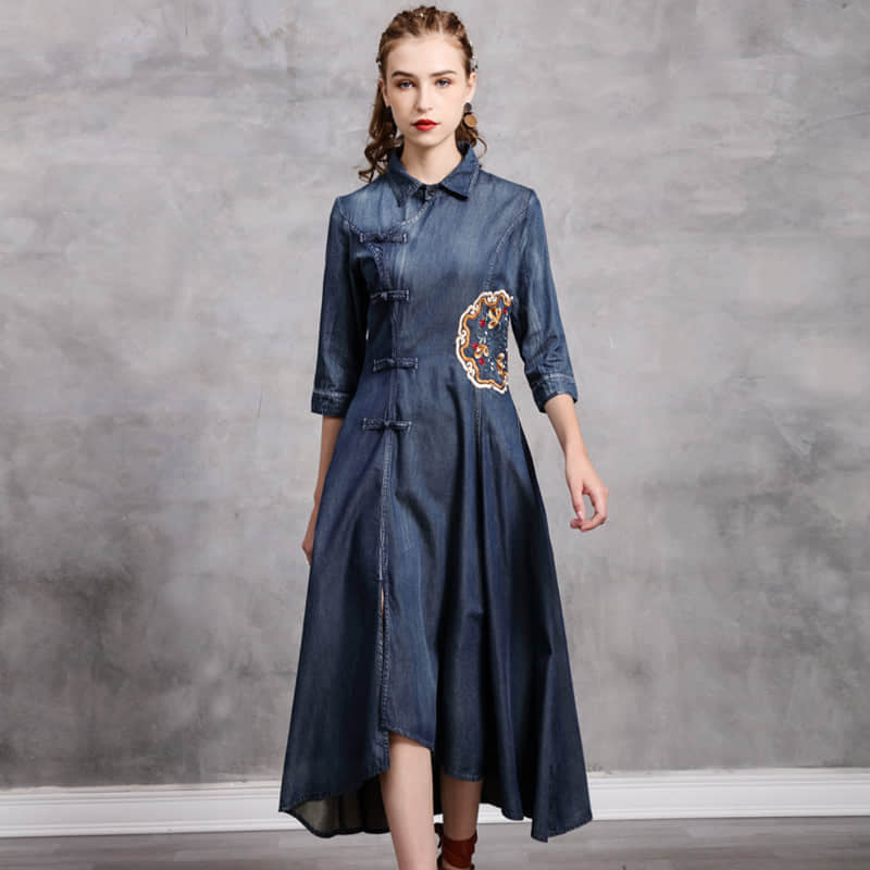 Woman's Spring retro embroidery slim dress S | IFAUN
