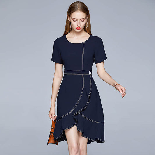 Round neck short sleeve fishtail ruffle dress S | IFAUN
