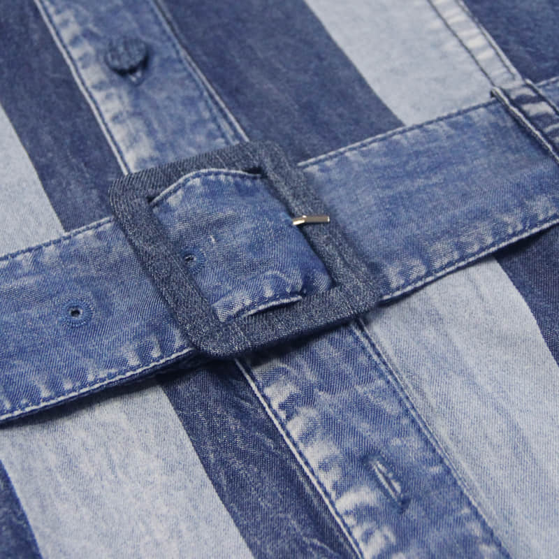 One-line neck camisole big swing skirt denim striped dress  | IFAUN