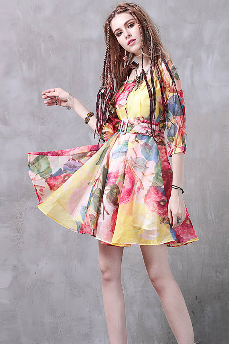 Puff sleeve print dress  | IFAUN