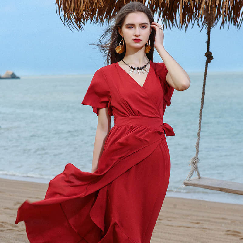 V-neck tie waist ruffle dress Red / M | IFAUN