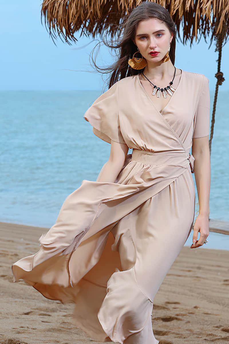 V-neck tie waist ruffle dress Wheat / M | IFAUN