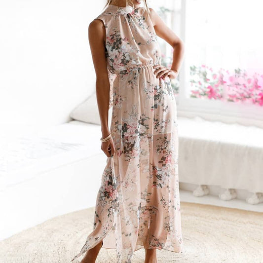 Long printed sleeveless dress with slits S | IFAUN