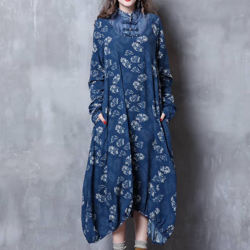 Stand-up collar printed dress  | IFAUN