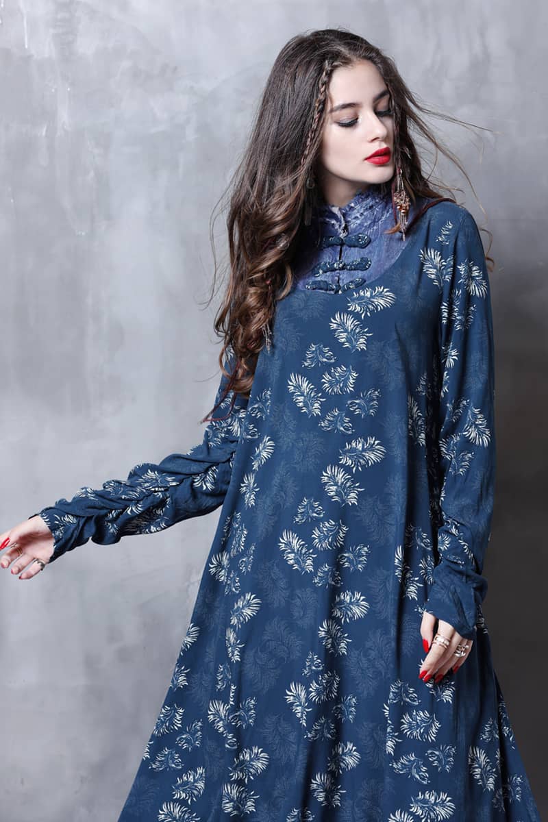 Stand-up collar printed dress  | IFAUN