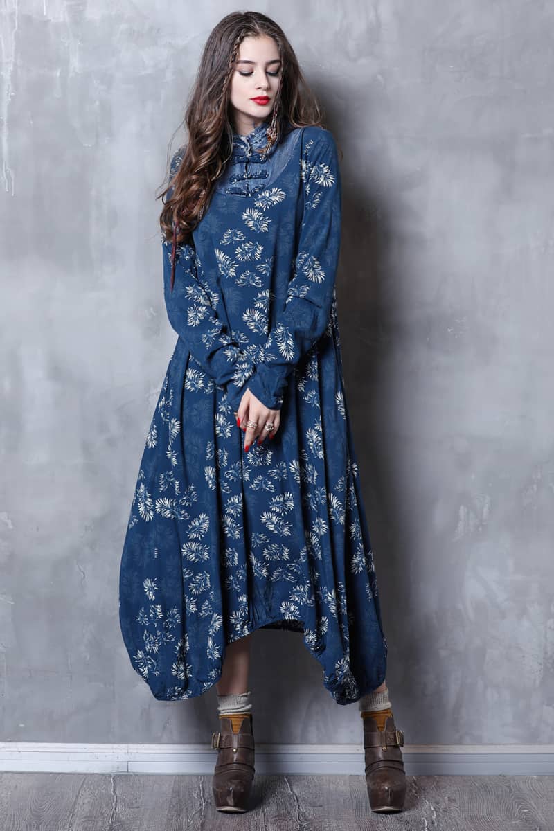 Stand-up collar printed dress  | IFAUN