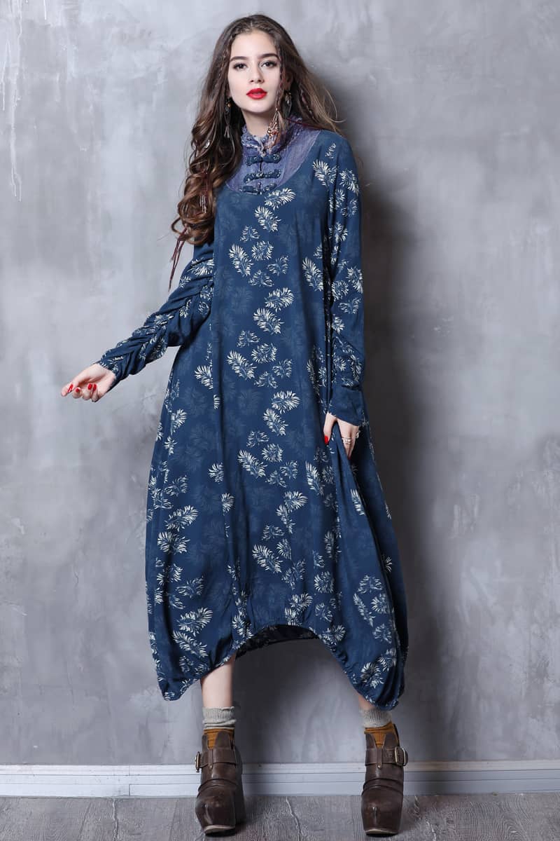 Stand-up collar printed dress  | IFAUN