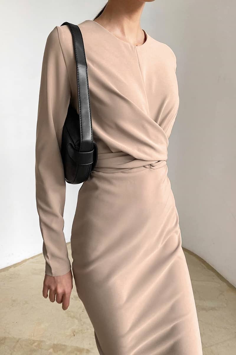 Women's round neck waist long sleeve dress FloralWhite / L | IFAUN