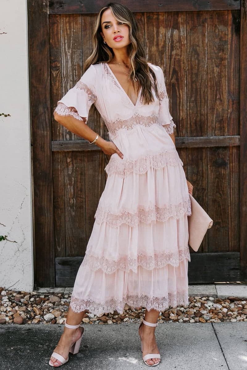 Tulle deep V pullover lace dress Pink / L | IFAUN