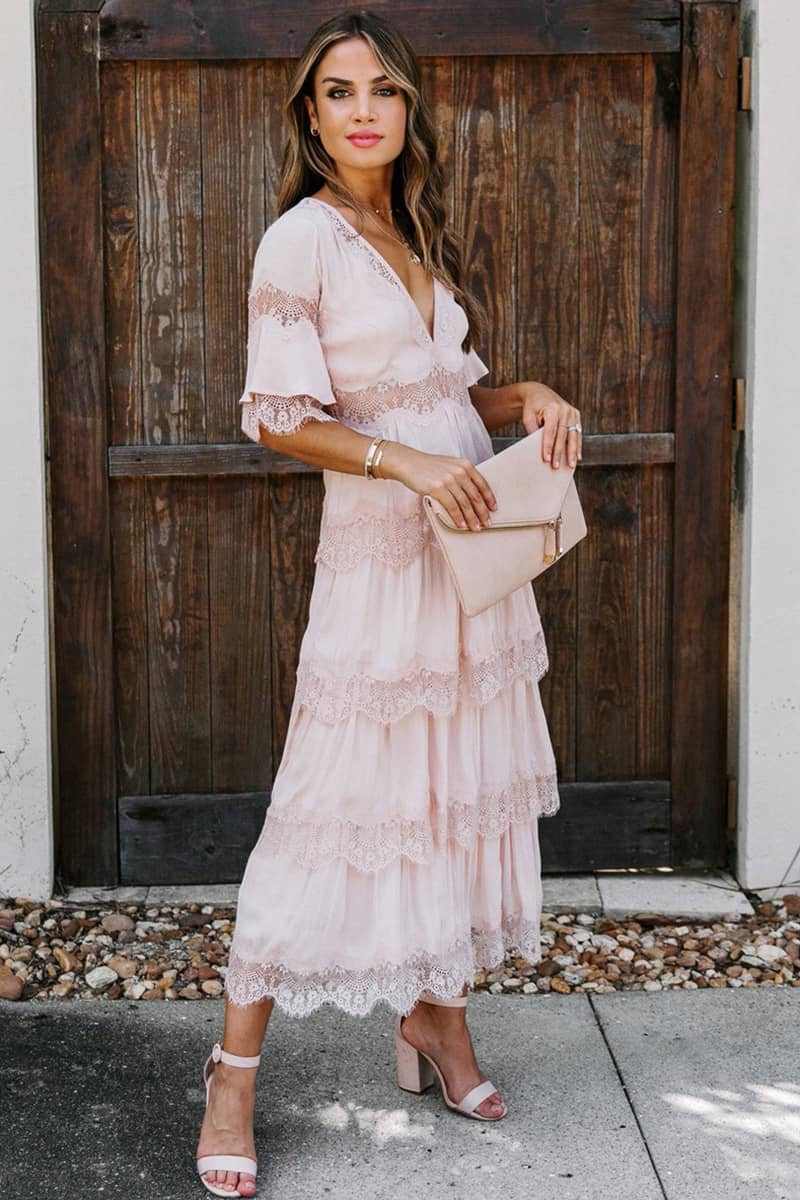 Tulle deep V pullover lace dress Pink / XL | IFAUN