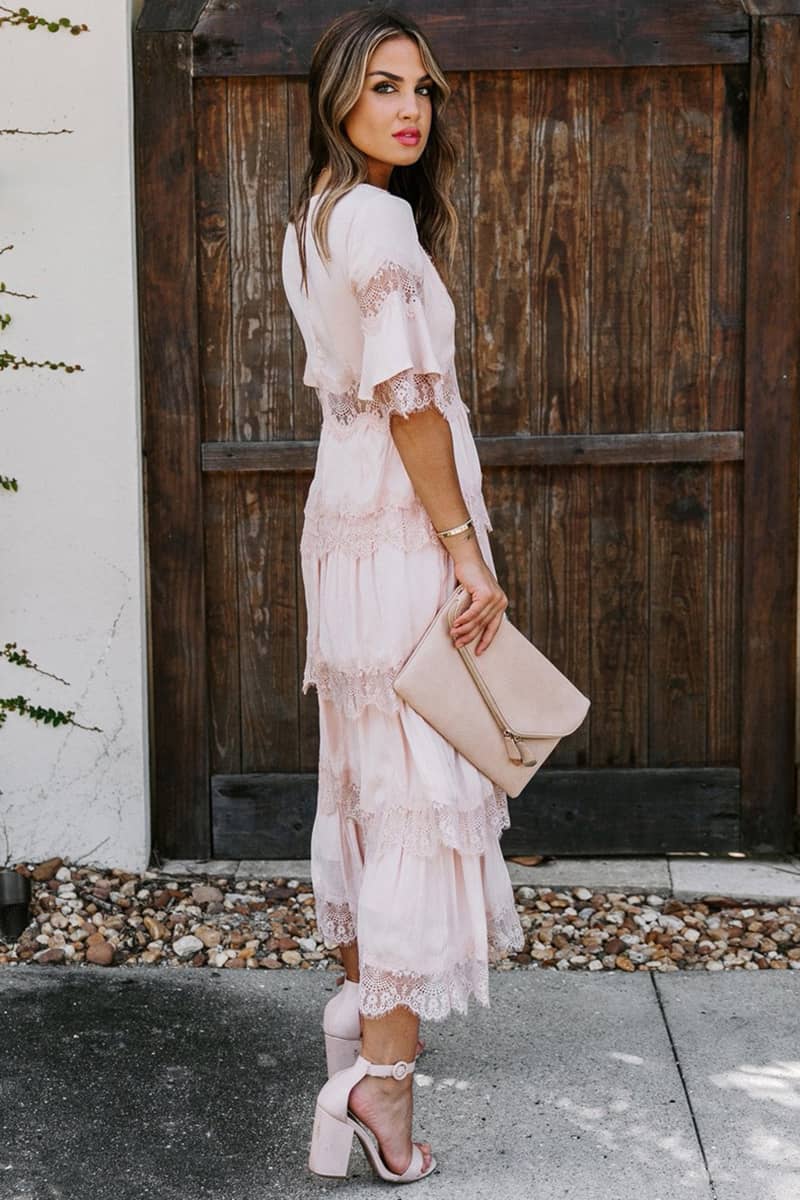 Tulle deep V pullover lace dress Pink / 2XL | IFAUN