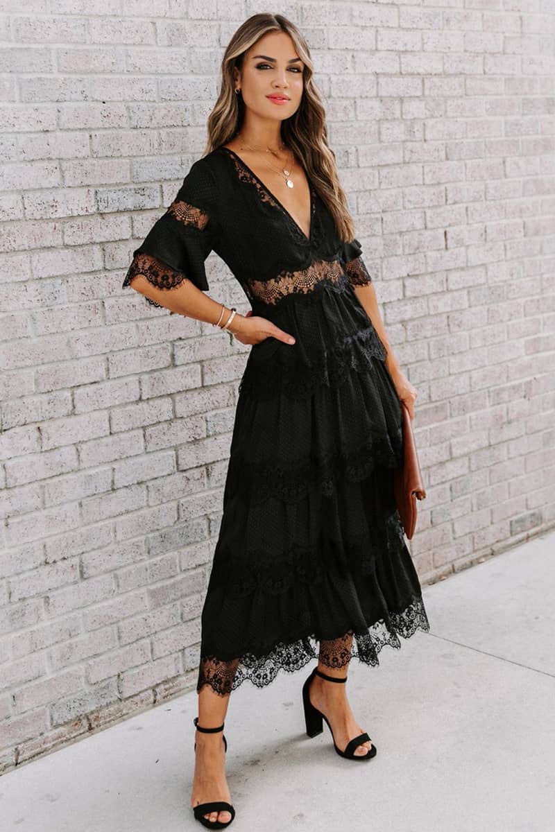 Tulle deep V pullover lace dress Black / XL | IFAUN