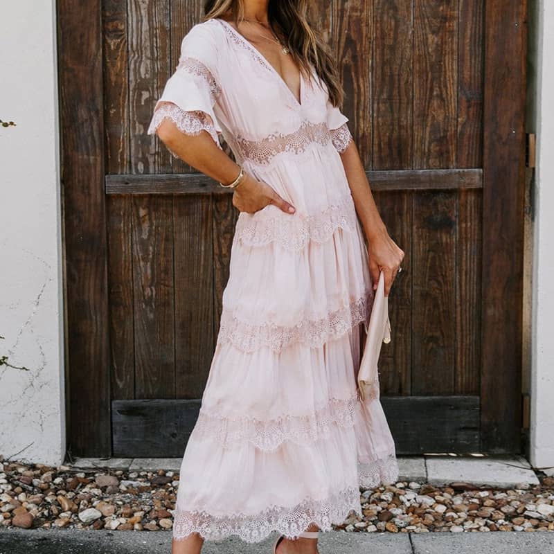 Tulle deep V pullover lace dress Pink / S | IFAUN