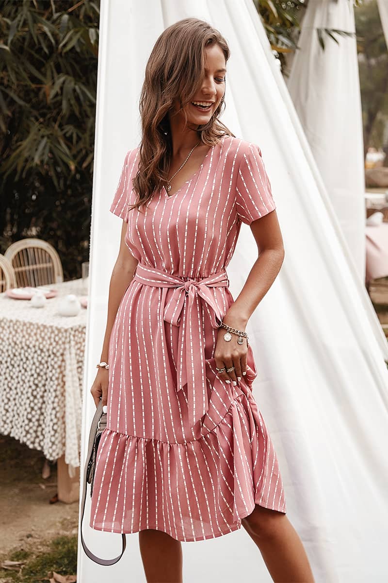 Women's V-neck sexy temperament striped dress Pink / L | IFAUN