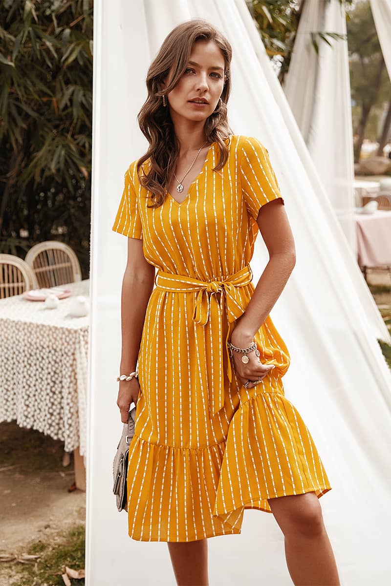 Women's V-neck sexy temperament striped dress Yellow / M | IFAUN