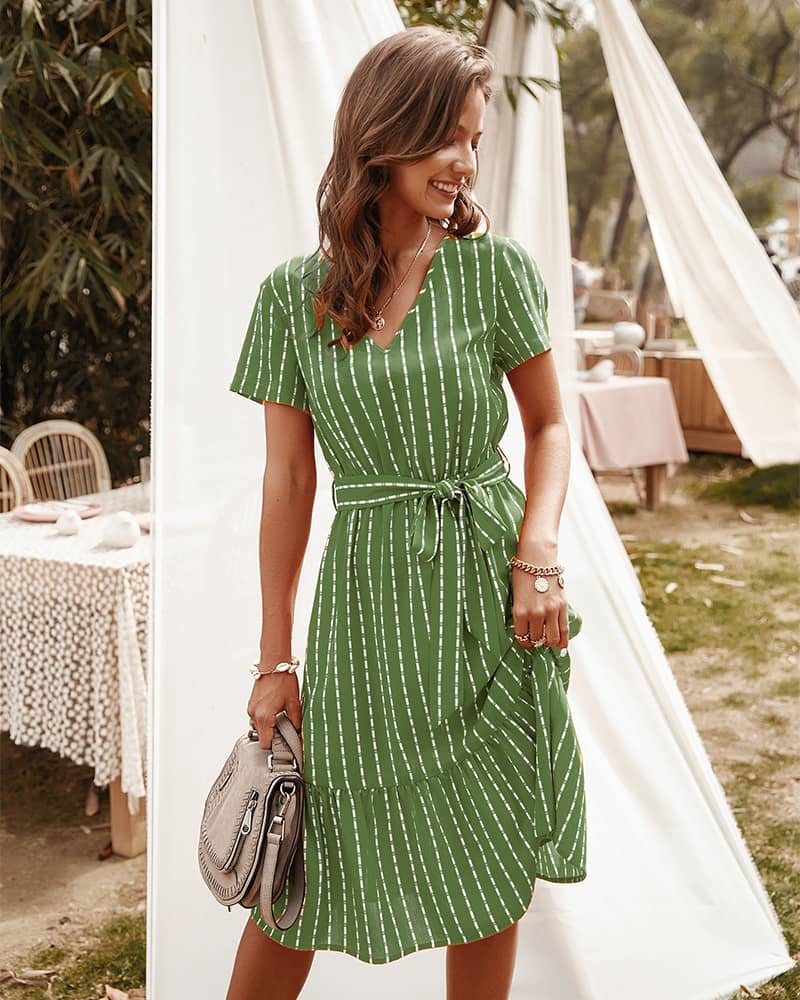 Women's V-neck sexy temperament striped dress Green / XL | IFAUN