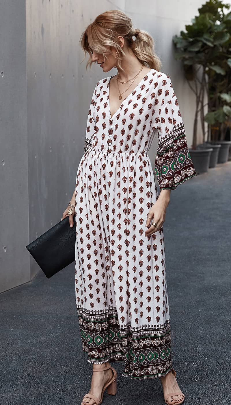 Bohemian waist contrast patchwork dress Green / M | IFAUN