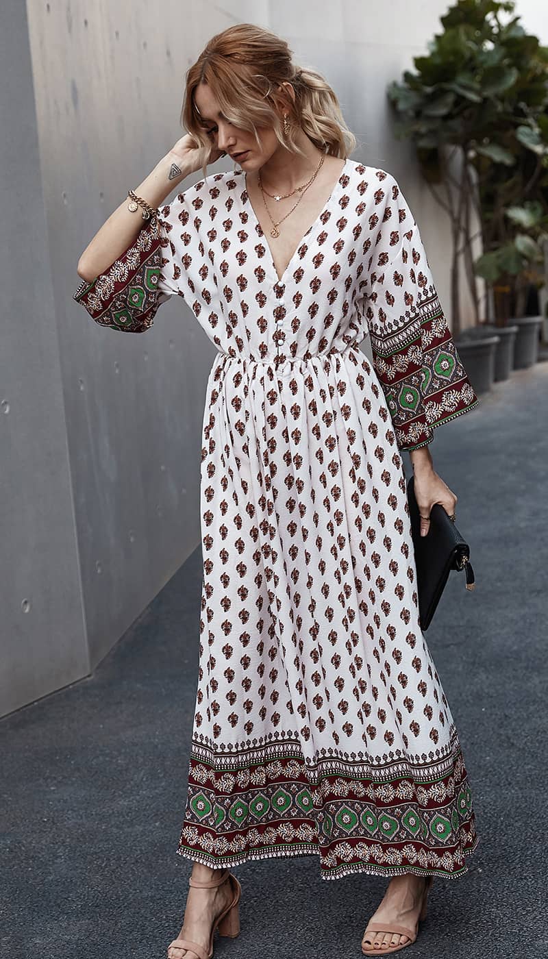 Bohemian waist contrast patchwork dress Green / L | IFAUN