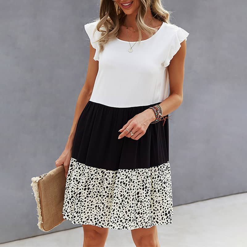Summer stitching leopard print flying sleeve dress  | IFAUN
