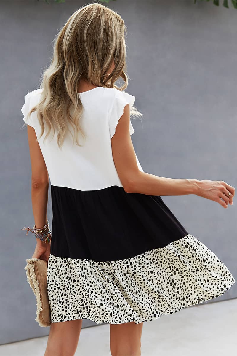 Summer stitching leopard print flying sleeve dress  | IFAUN