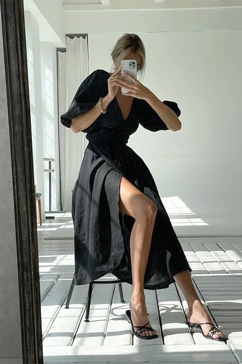 Cotton high waist A-line skirt split dress