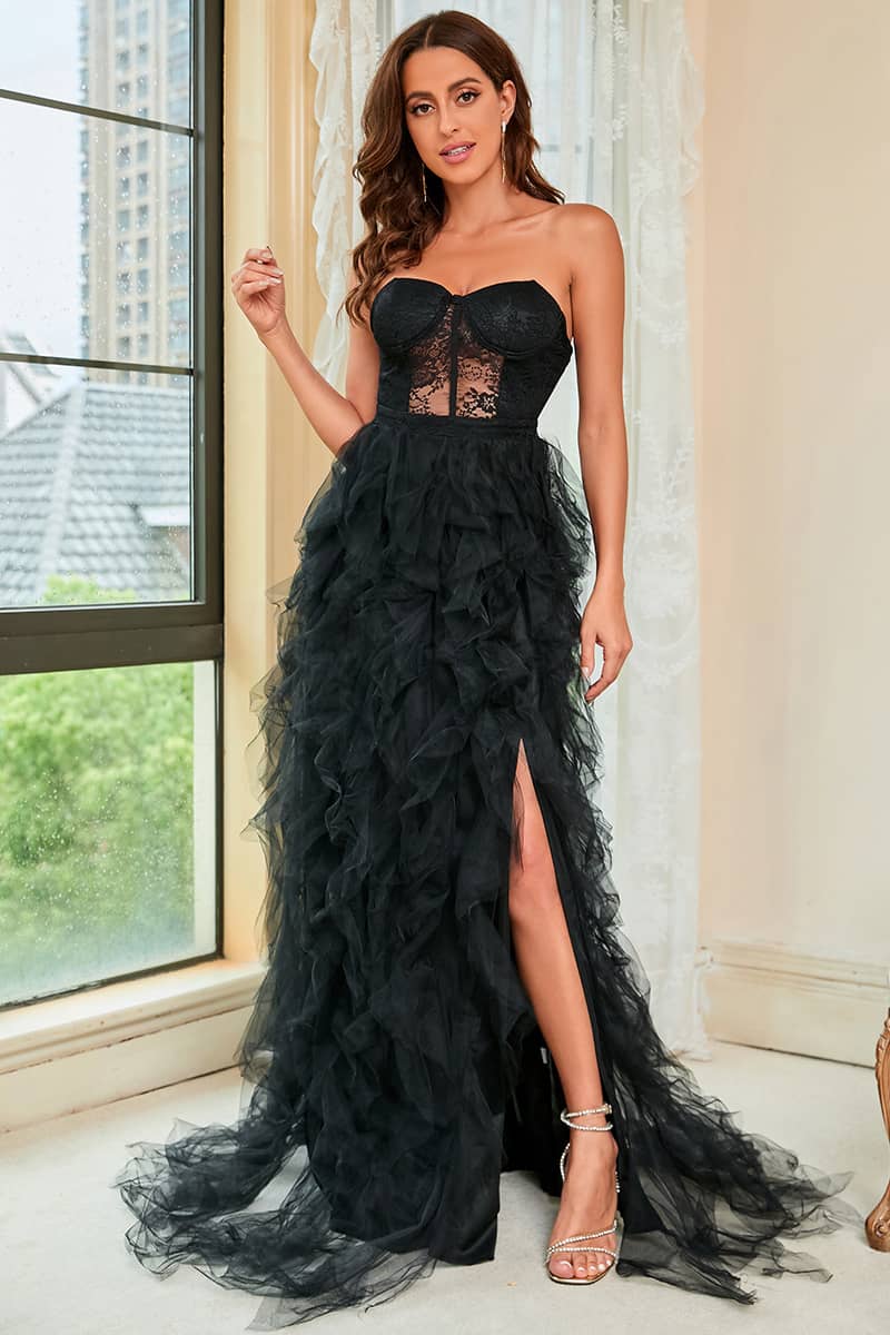 Large size lace mesh tube top sexy evening dress