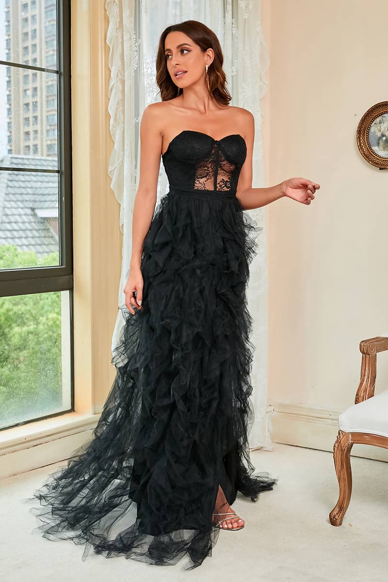 Large size lace mesh tube top sexy evening dress