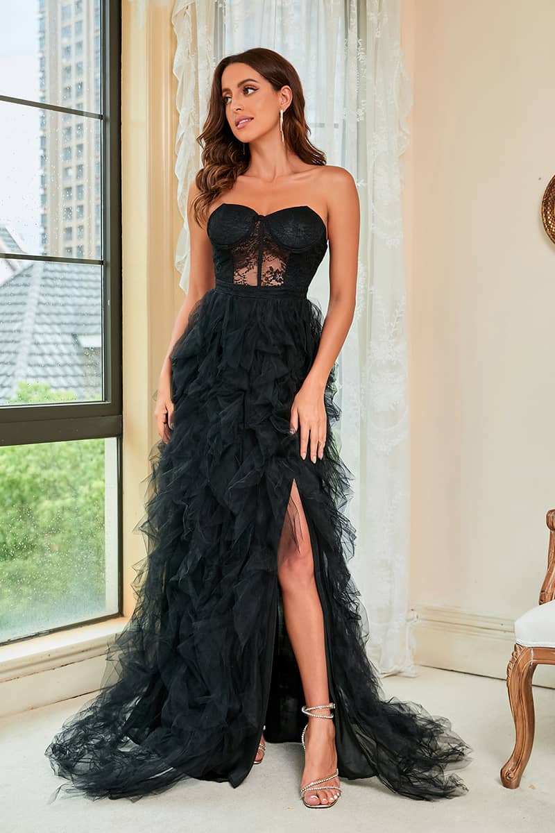 Large size lace mesh tube top sexy evening dress