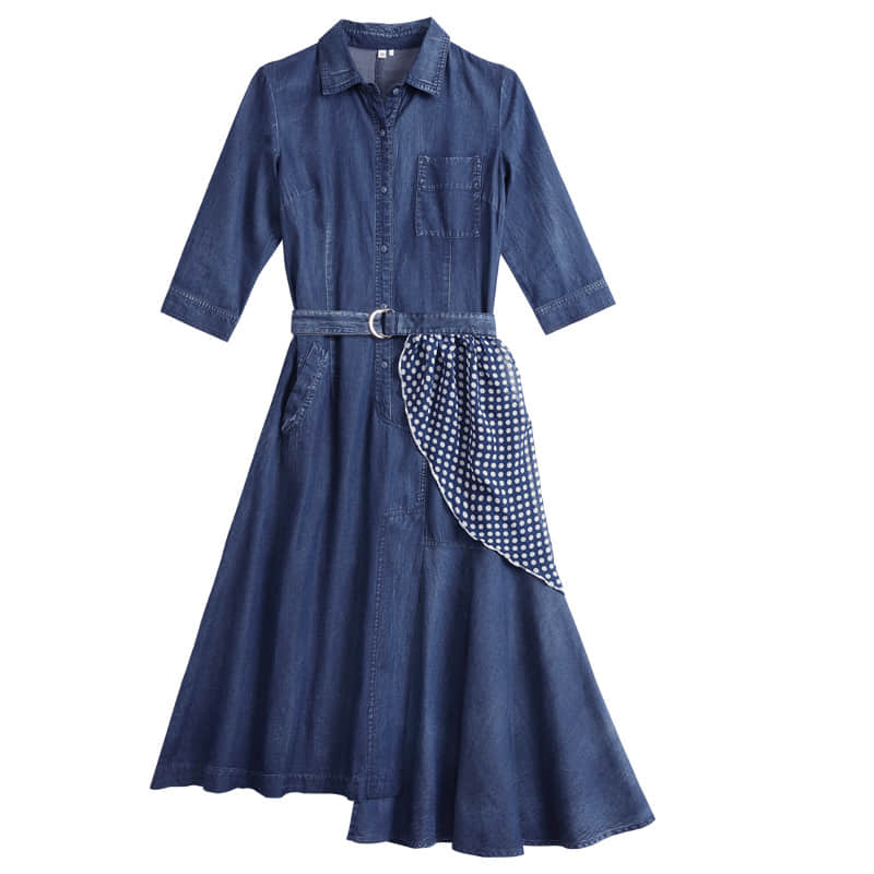 Irregular stitching polka dot belt spring denim dress  | IFAUN