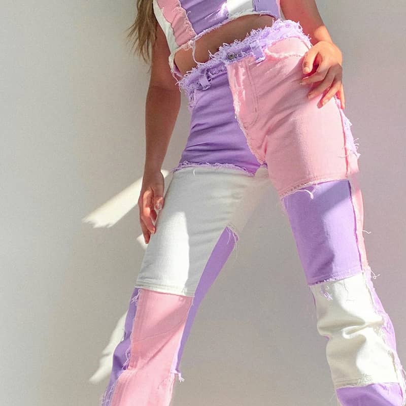 Stitched plaid contrast high-rise jeans Pink / S | IFAUN