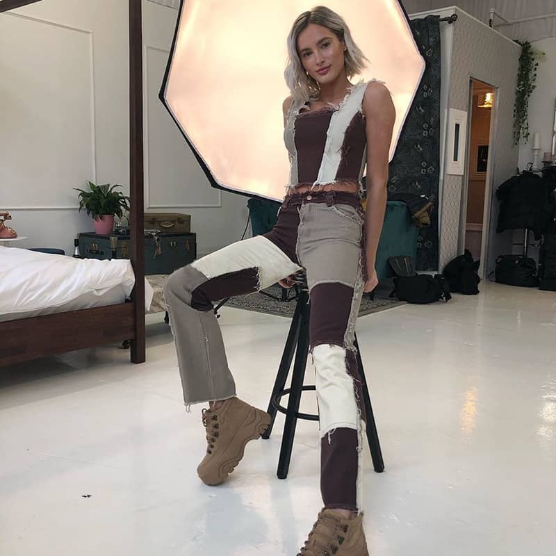 Stitched plaid contrast high-rise jeans Brown / 2XL | IFAUN