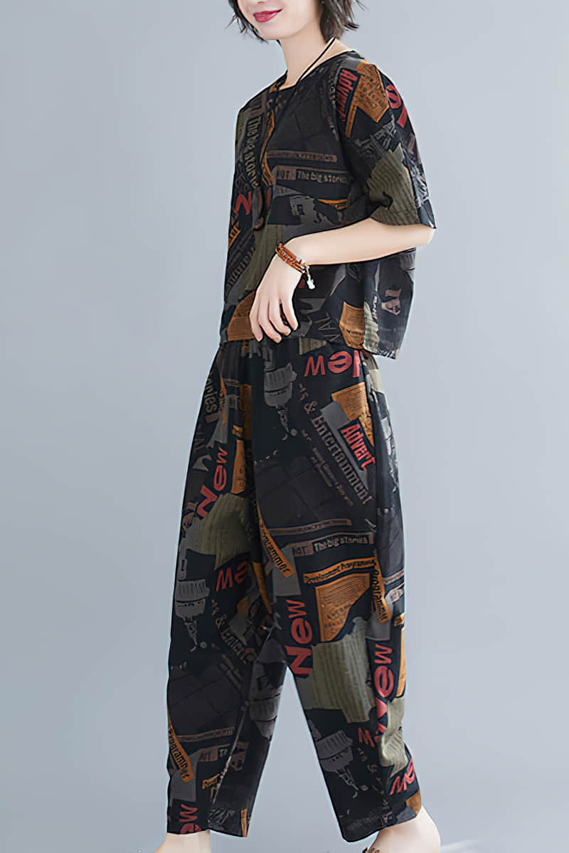 Large size printed casual Loungewear suit Black / 2XL | IFAUN