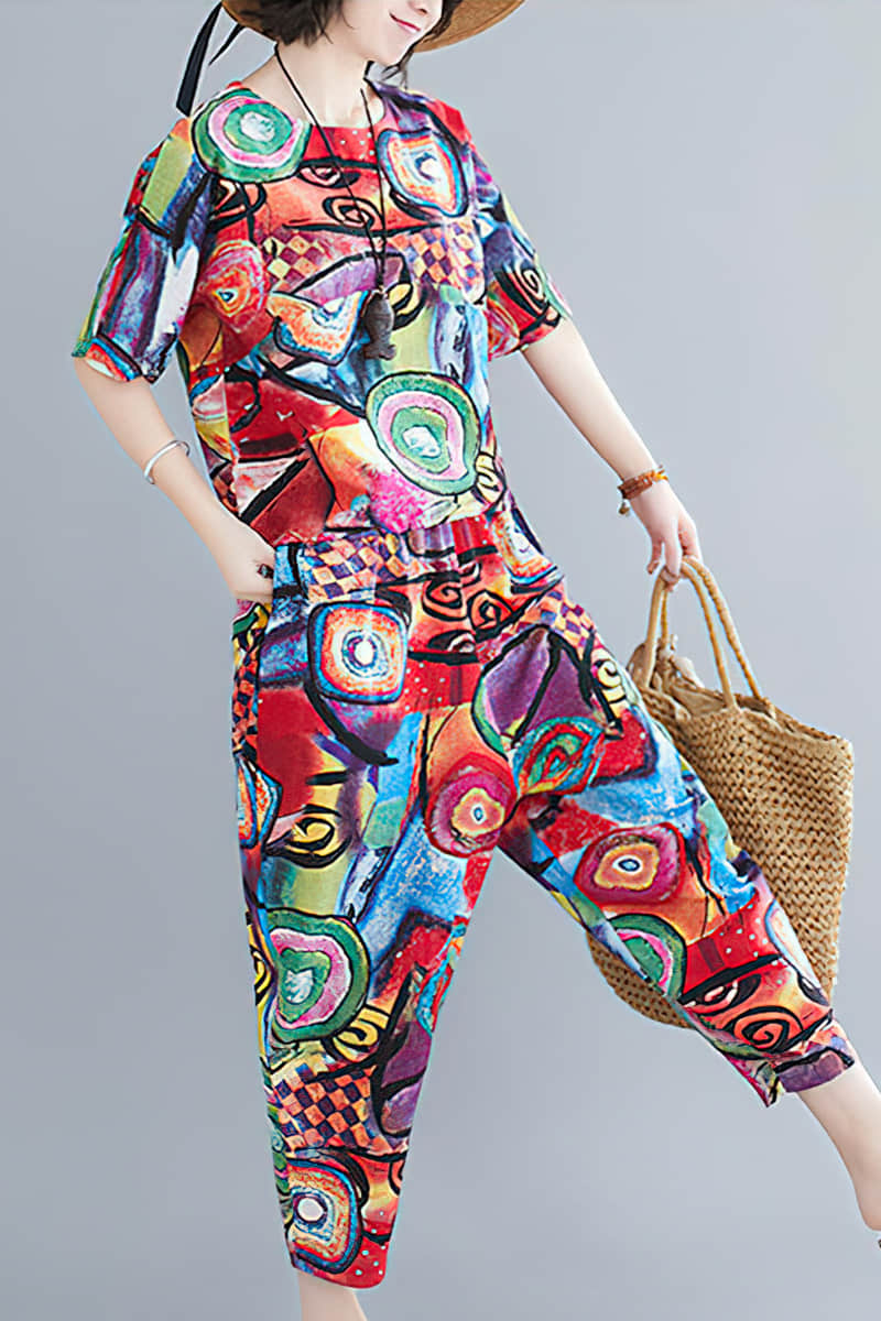 Large size printed casual Loungewear suit Red / L | IFAUN