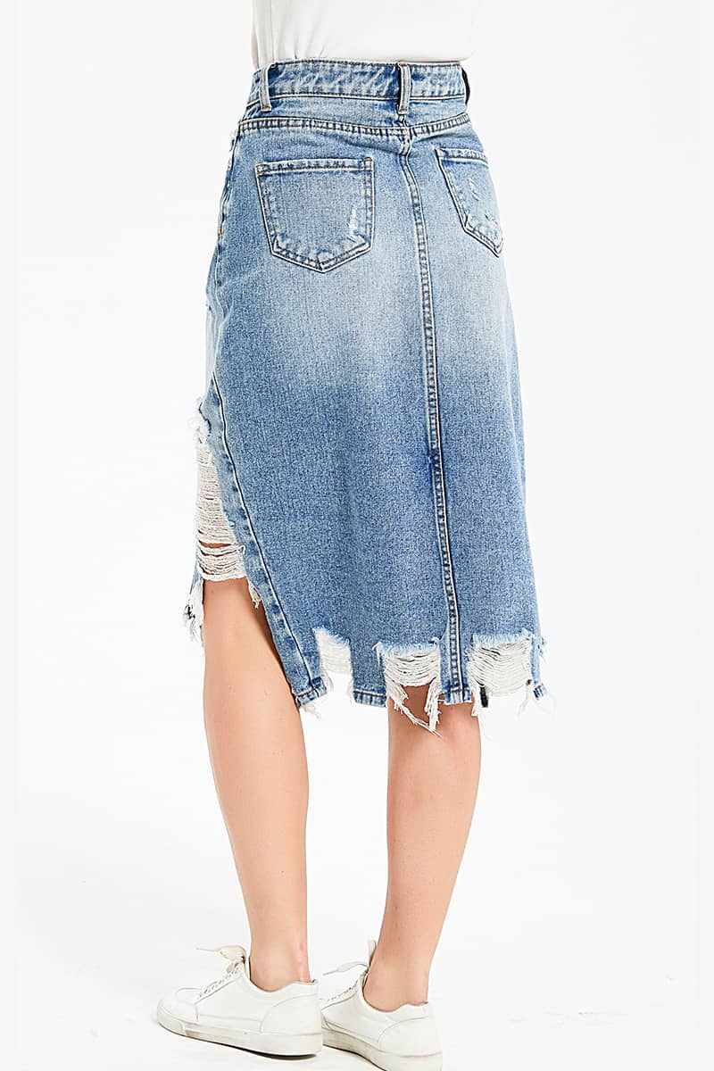 Irregular fringe ripped denim skirt  | IFAUN