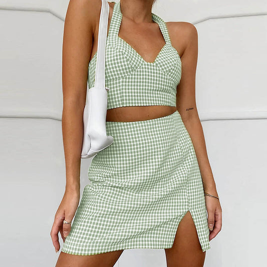 Halter camisole high waist plaid skirt suit  | IFAUN