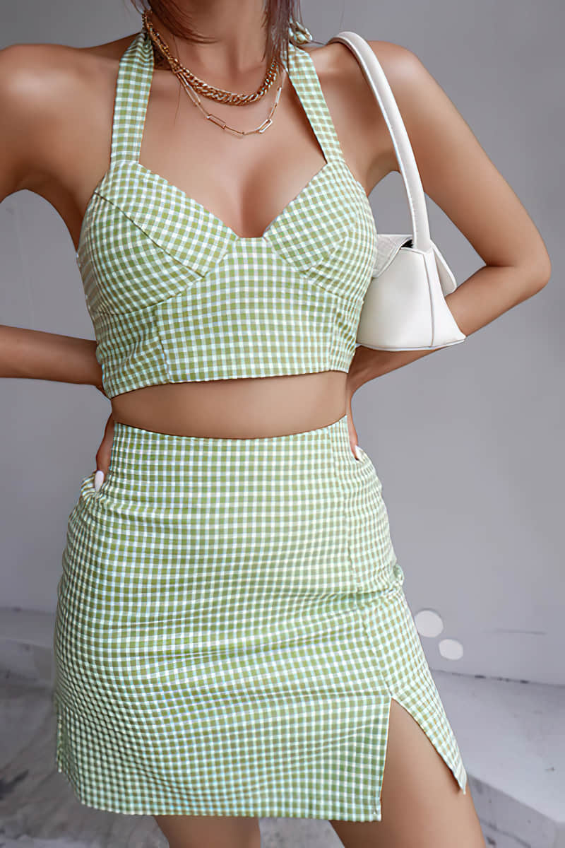 Halter camisole high waist plaid skirt suit LightGreen / S | IFAUN