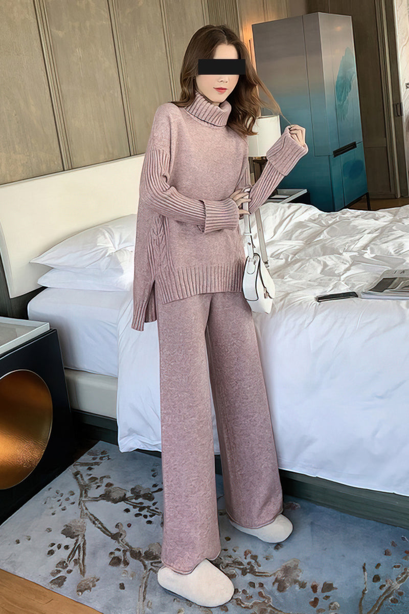 High neck split sweater + loose wide-leg pants two-piece