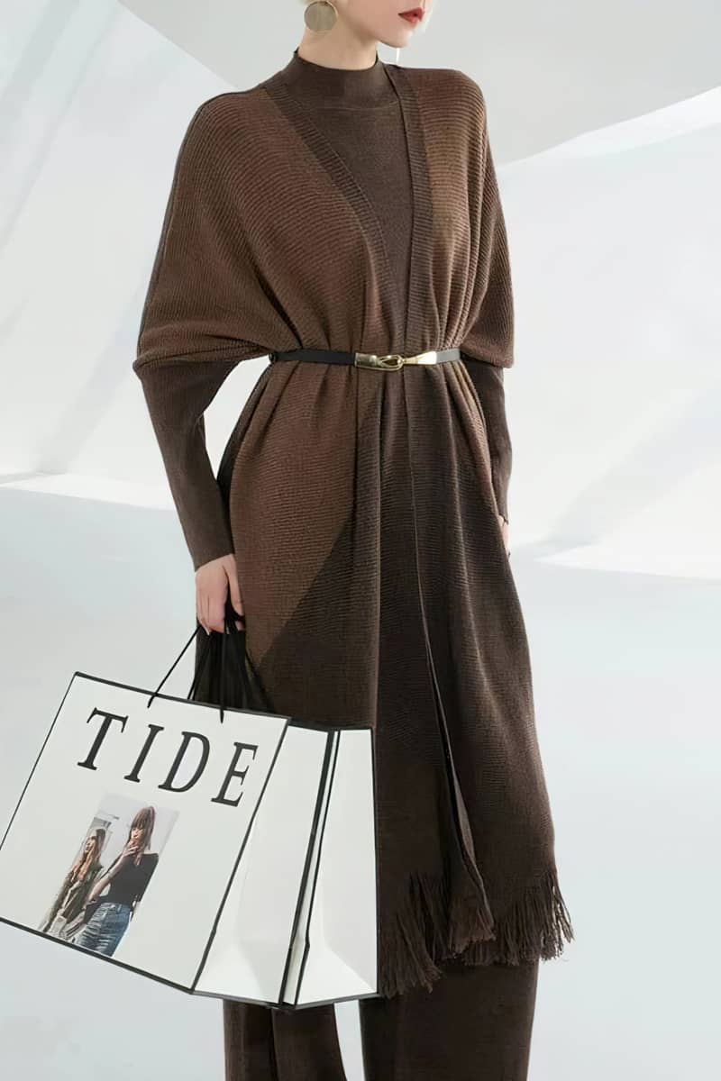 Women's mid-length colorblock wool knitted cardigan loose fringed coat