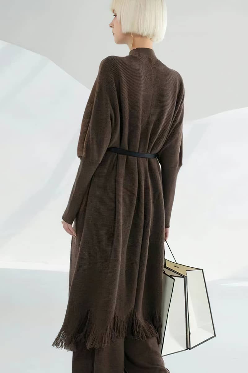 Women's mid-length colorblock wool knitted cardigan loose fringed coat