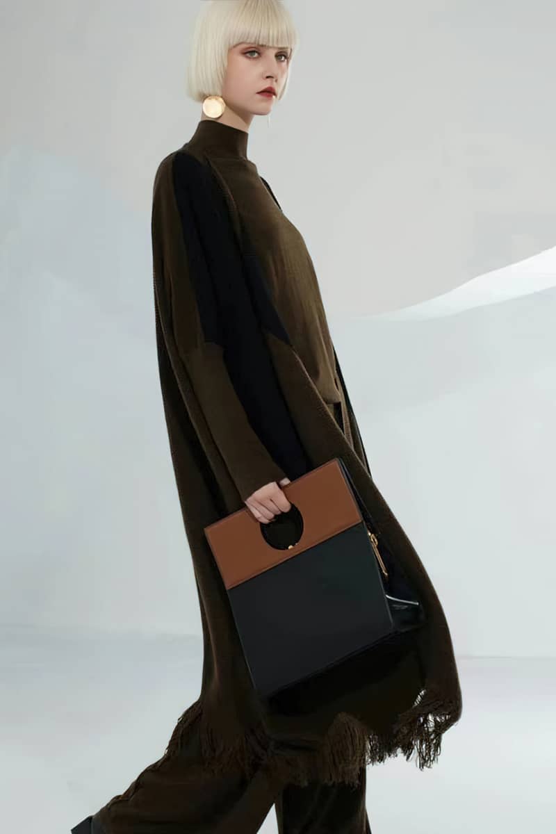 Women's mid-length colorblock wool knitted cardigan loose fringed coat