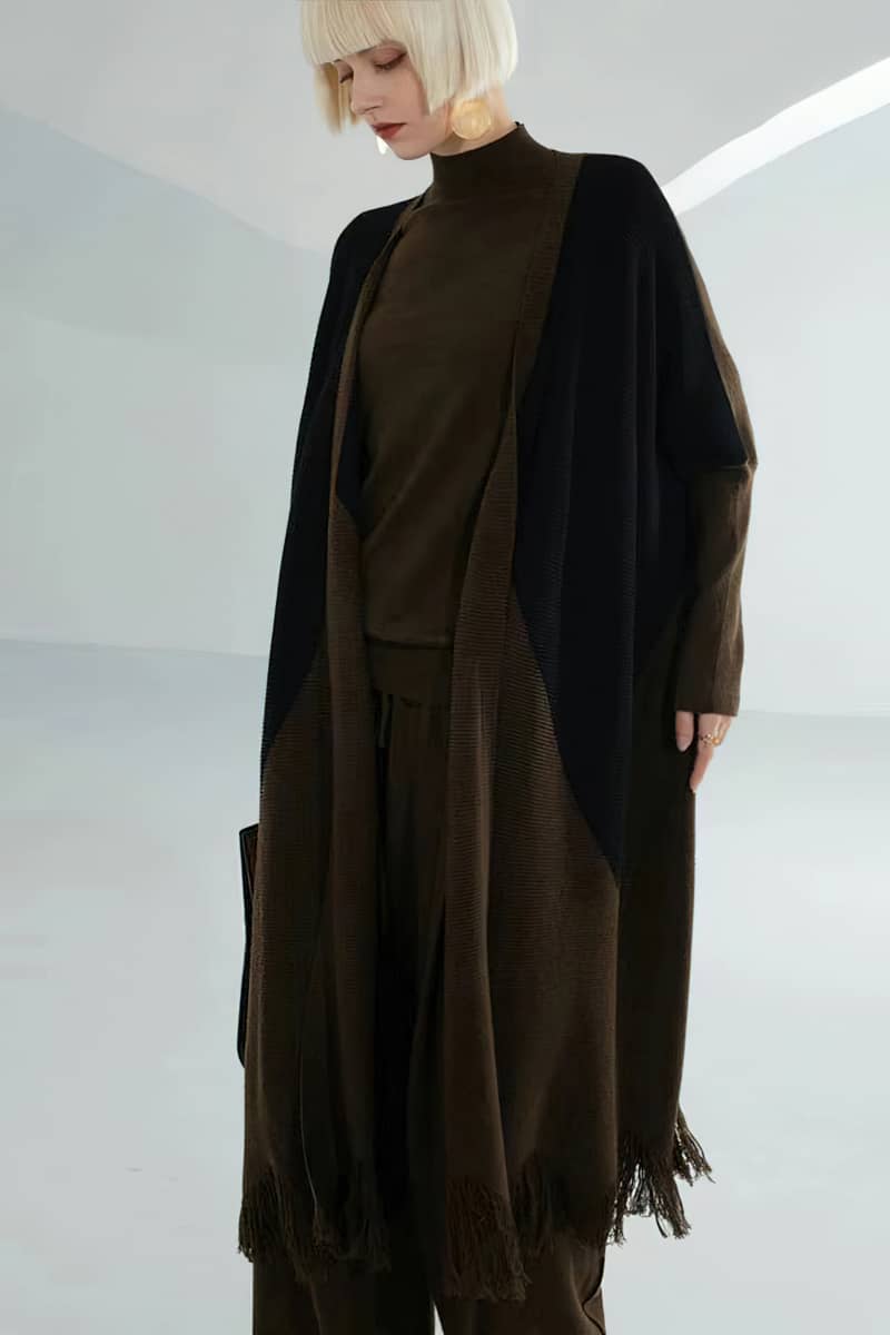 Women's mid-length colorblock wool knitted cardigan loose fringed coat